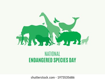 National Endangered Species Day Poster with green silhouettes of wild animals illustration. Wild animals silhouette set. Environmenta icons. Group of animals illustration. Important day