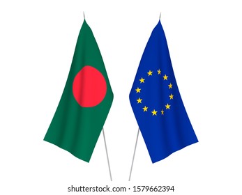 National Fabric Flags Of European Union And Bangladesh Isolated On White Background. 3d Rendering Illustration.