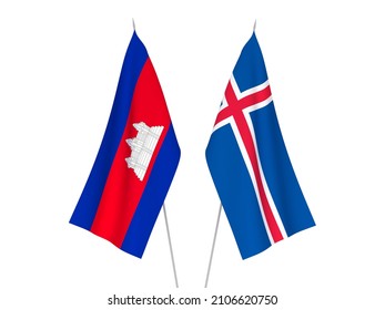 National Fabric Flags Of Iceland And Kingdom Of Cambodia Isolated On White Background. 3d Rendering Illustration.