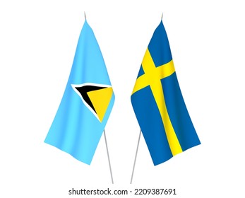 National Fabric Flags Of Sweden And Saint Lucia Isolated On White Background. 3d Rendering Illustration.