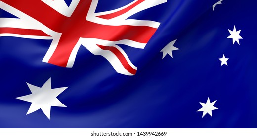 National Fabric Wave Closeup Flag Of Australia Waving In The Wind. 3d Rendering Illustration.