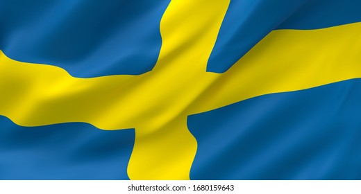National Fabric Wave Closeup Flag of Sweden Waving in the Wind. 3d rendering illustration.