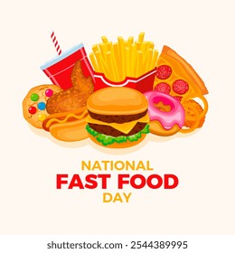 National Fast Food Day poster with pile of junk food illustration. Unhealthy junk food drawing. Group of fried and sweet food icon set. Template for background, banner, card. November 16. - Powered by Shutterstock