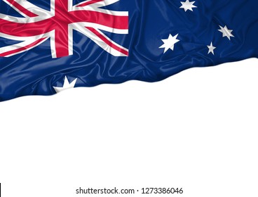 National flag of Australia hoisted outdoors with white background. Australia Day Celebration. Copy space. Front view - Powered by Shutterstock