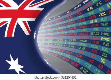 National flag of Australia with a large display of daily stock market price and quotations during normal economic period. The fate and mystery of Australian stock market, tunnel/corridor concept.