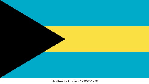 The national flag of The Bahamas. It has a horizontal tricolour blue, yellow and blue and with a black chevron.Official and original colors. Proper proportions. Full size.
