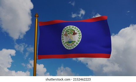 National flag of Belize waving 3D Render with flagpole and blue sky, independence day Belize was 21 September 1981, Belize flag textile and Coat of Arms and sign Sub Umbra Floreo. 3d illustration