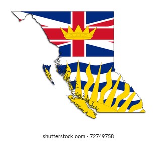 National flag of British Columbia on map of province in Canada. Isolated on white background.