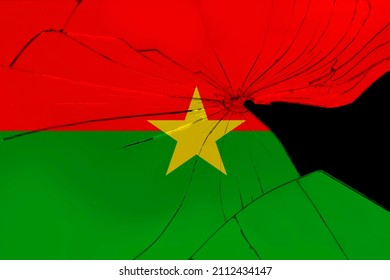 National Flag Of Burkina Faso, Cracks On Broken Glass, Concept Of War, Revolution, An Armed Uprising In The Country, Shootout Of Bandits, Terrorist Attack, A Redistribution Of Power