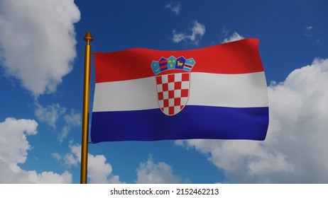 National flag of Croatia waving 3D Render with flagpole and blue sky, Republic of Croatia flag textile, Trobojnica with coat of arms Croatia, croatian independence day, Miroslav Sutej. 3d illustration