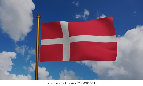 National flag of Denmark waving 3D Render with flagpole and blue sky, Dannebrog with white Scandinavian cross textile, flag kings of Denmark has Nordic cross, Rigets flag.