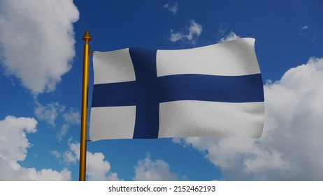 National flag of Finland waving 3D Render with flagpole and blue sky, Suomen lippu or Finlands flagga and Siniristilippu used Nordic cross, Finnish flag has Scandinavian cross. Illustration