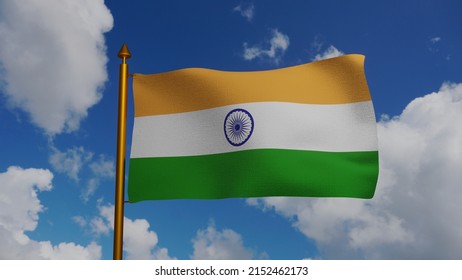 National flag of India waving 3D Render with flagpole and blue sky, Republic of India flag textile designed by Pingali Venkayya, coat of arms India independence day, Ashoka Chakra. Illustration