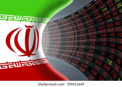 National Flag Of Iran With A Large Display Of Daily Stock Market Price And Quotations During Depressed Economic Period. The Fate And Mystery Of Tehran Stock Market, Tunnel / Corridor Concept.