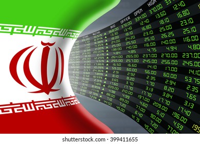 National Flag Of Iran With A Large Display Of Daily Stock Market Price And Quotations During Economic Booming Period. The Fate And Mystery Of Tehran Stock Market, Tunnel / Corridor Concept.