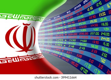 National Flag Of Iran With A Large Display Of Daily Stock Market Price And Quotations During Normal Economic Period. The Fate And Mystery Of Tehran Stock Market, Tunnel / Corridor Concept.