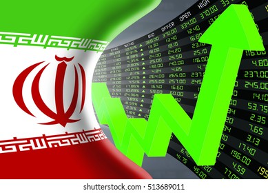 National Flag Of Iran With A Large Display Of Daily Stock Market Price And Quotations During Economic Booming Period. The Fate And Mystery Of Tehran Stock Market, Tunnel  Concept. 3d Illustration.