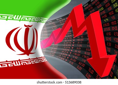 National Flag Of Iran With A Large Display Of Daily Stock Market Price And Quotations During Depressed Economic Period. The Fate And Mystery Of Tehran Stock Market, Tunnel  Concept. 3d Illustration.