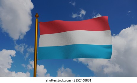 National flag of Luxembourg waving 3D Render with flagpole and blue sky, Letzebuerger Fandel or Flagge Luxemburgs or Drapeau du Luxembourg, Luxembourg flag triband textile. 3d illustration