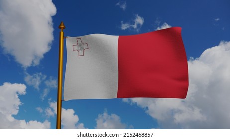 National flag of Malta waving 3D Render with flagpole and blue sky, Republic of Malta flag textile or Bandiera ta Maltese, coat of arms Malta independence day. High quality 3d illustration
