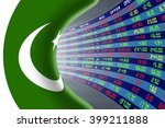 National flag of Pakistan with a large display of daily stock market price and quotations during normal economic period. The fate and mystery of Islamabad stock market, tunnel / corridor concept.