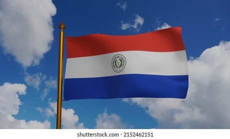 National flag of Paraguay waving 3D Render with flagpole and blue sky, Republic of Paraguay flag textile or Paraguayan flag, coat of arms Paraguay independence day, bandera de Paraguay. Illustration