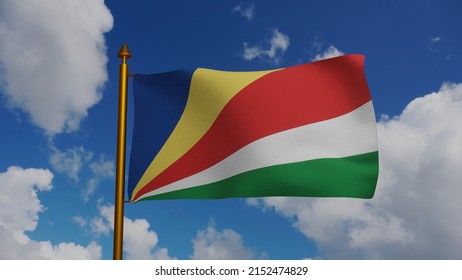 National Flag Of Seychelles Waving 3D Render With Flagpole And Blue Sky, Made With Seychelles Peoples United Party And Seychelles Democratic Party, Republic Of Seychelles Flag. 3d Illustration