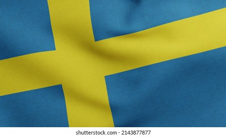 National flag of Sweden waving 3D Render, Sveriges flagga with yellow Nordic cross, Swedish flag