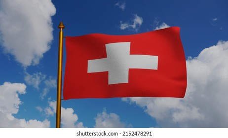 National flag of Switzerland waving Render with flagpole and blue sky, Republic of Swiss Confederation flag textile or Suisse, coat of arms Switzerland independence day, Schweizerfahne. Illustration