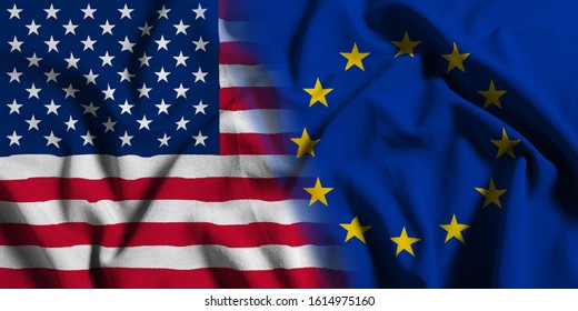 National Flag Of The United States With European Union On A Waving Cotton Texture Background