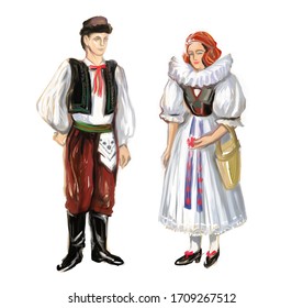 National folk Czech Republic Moravia region Hana costume girl and boy. Czech and Moravia traditions and culture. Married Hanakia Olomouc, Prostejov, Holesov and Vyskov couple in love