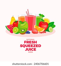 National Fresh Squeezed Juice Week poster illustration. Glasses of fresh juice and pile of fruits and vegetables icon set. Glass of healthy smoothie drawing. Important day - Powered by Shutterstock