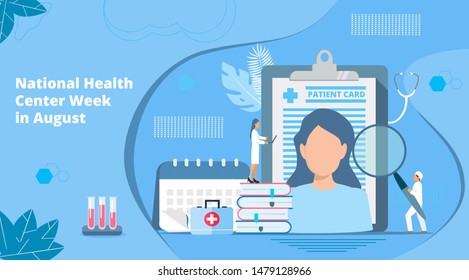 National Health Center Week in August. Healthcare, clinic center concept illustration. Tiny doctots treat, diagnose, carry out prevention. It is for landing page, UI, flyer, banner, website - Powered by Shutterstock