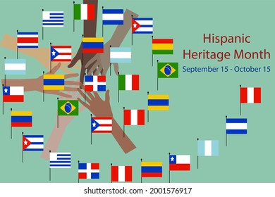 National Hispanic heritage month and culture theme Vector illustration, hands with different color and Flags of America.