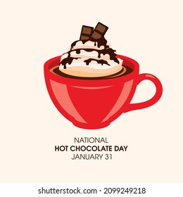 National Hot Chocolate Day Illustration. Red Cup Of Cocoa With Whipped Cream Icon. Red Mug With Hot Chocolate Illustration. Hot Chocolate Day Poster, January 31. Important Day