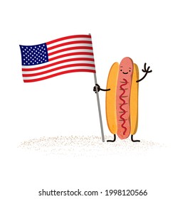 National Hot Dog Day concept, greeting card, poster, banner. American flag and roll with sausage. Funny image of classic american dish. - Powered by Shutterstock