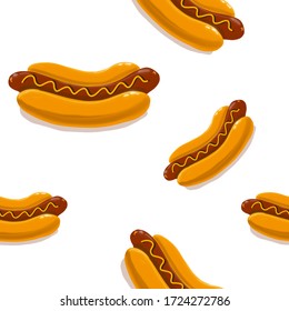 
National Hot Dog Day, Pattern Illustration For American Hot Dog Day. Print With Hot Dogs On A White Background. Background With Yellow Hot Dogs And Red Sausage With Mustard.