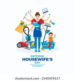 National Housewife's Day poster with cleaning woman illustration. Hardworking woman with children icon. Working mother at home drawing. November 3 every year. Important day - Powered by Shutterstock