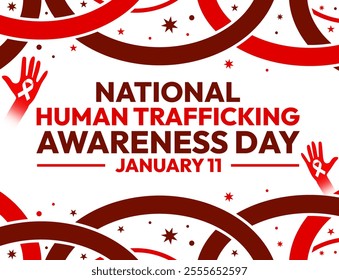 National Human Trafficking Awareness Day is observed on January 11 to spread awareness, red backdrop with hands, ribbon and typography - Powered by Shutterstock