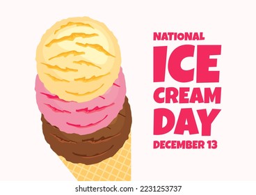 National Ice Cream Day on December 13 illustration. Vanilla, strawberry and chocolate scoop ice cream icon. Ice cream cone drawing. Every year on December 13. Important day - Powered by Shutterstock