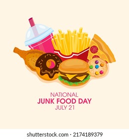 National Junk Food Day Illustration. Pile Of Junk Food And Drink Icon Set. Group Of Fried And Sweet Food Drawing. Every Year On July 21. Important Day