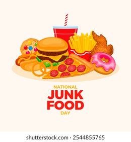 National Junk Food Day poster illustration. Pile of unhealthy fast food drawing. Group of fried and sweet food icon set. Template for background, banner, card. July 21 every year - Powered by Shutterstock