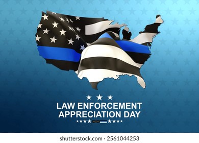 National Law Enforcement Appreciation Day. Geographic silhouette of USA map with black USA flag with Thin Blue Line on blue background - Powered by Shutterstock