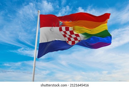 National Lgbt Flag Of Croatia Flag Waving In The Wind At Cloudy Sky. Freedom And Love Concept. Pride Month. Activism, Community And Freedom Concept. Copy Space. 3d Illustration