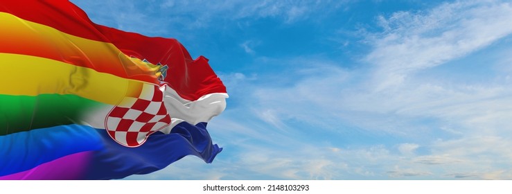 National Lgbt Flag Of Croatia Flag Waving In The Wind At Cloudy Sky. Freedom And Love Concept. Pride Month. Activism, Community And Freedom Concept. Copy Space. 3d Illustration