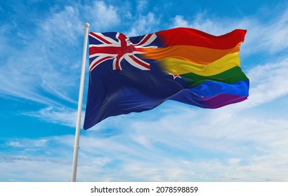 national lgbt flag of New Zealand flag waving in the wind at cloudy sky. Freedom and love concept. Pride month. activism, community and freedom Concept. Copy space. 3d illustration