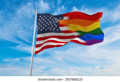 National Lgbt Flag Of United States Flag Waving In The Wind At Cloudy Sky. Freedom And Love Concept. Pride Month. Activism, Community And Freedom Concept. Copy Space. 3d Illustration