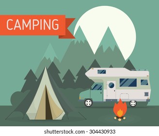 National Mountain Park Camping Scene With Family Trailer Caravan At Night. Campsite Place Landscape With RV Traveler Truck, Tent, Campfire, Wood And Rising Moon. Hiking Journey Vacation Concept.