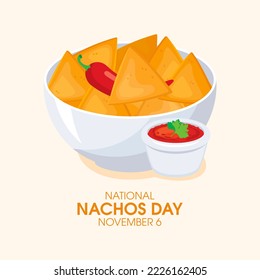 National Nachos Day Illustration. Bowl Of Nachos And Chili Pepper Drawing. Mexican Corn Tortilla Chips With Tomato Salsa Sauce Icon. November 6. Important Day