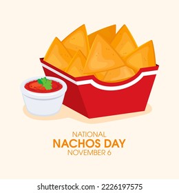 National Nachos Day Illustration. Nachos Red Food Paper Box Drawing. Mexican Corn Tortilla Chips With Tomato Salsa Sauce Icon. November 6. Important Day